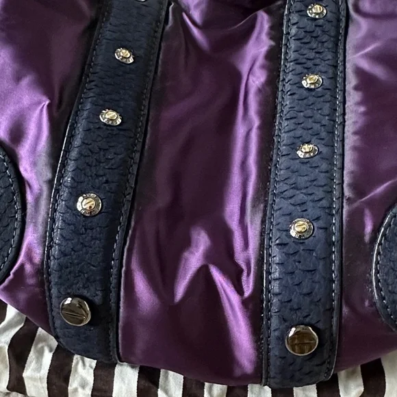 Henri Bendel Purple satin bag with Navy Blue and silver accents - Picture 14 of 16